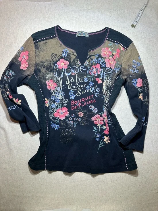Vanilla Sugar Vintage Y2K Black 3/4 Long Sleeve Top pink black gem detail size M - Picture 4 of 7